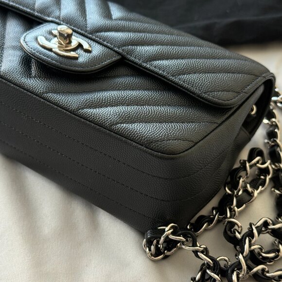 Chanel Black Caviar Chevron Quilted Rectangular Mini Flap Bag Silver - Picture 5 of 16